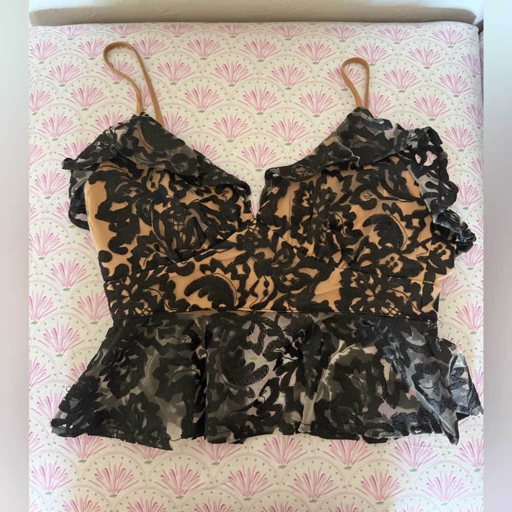 Lovers + Friends Black and Tan Lace Top